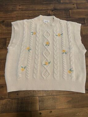 bohme Cream Cable Knit V-Neck Sweater Vest with Yellow Floral Embroidery